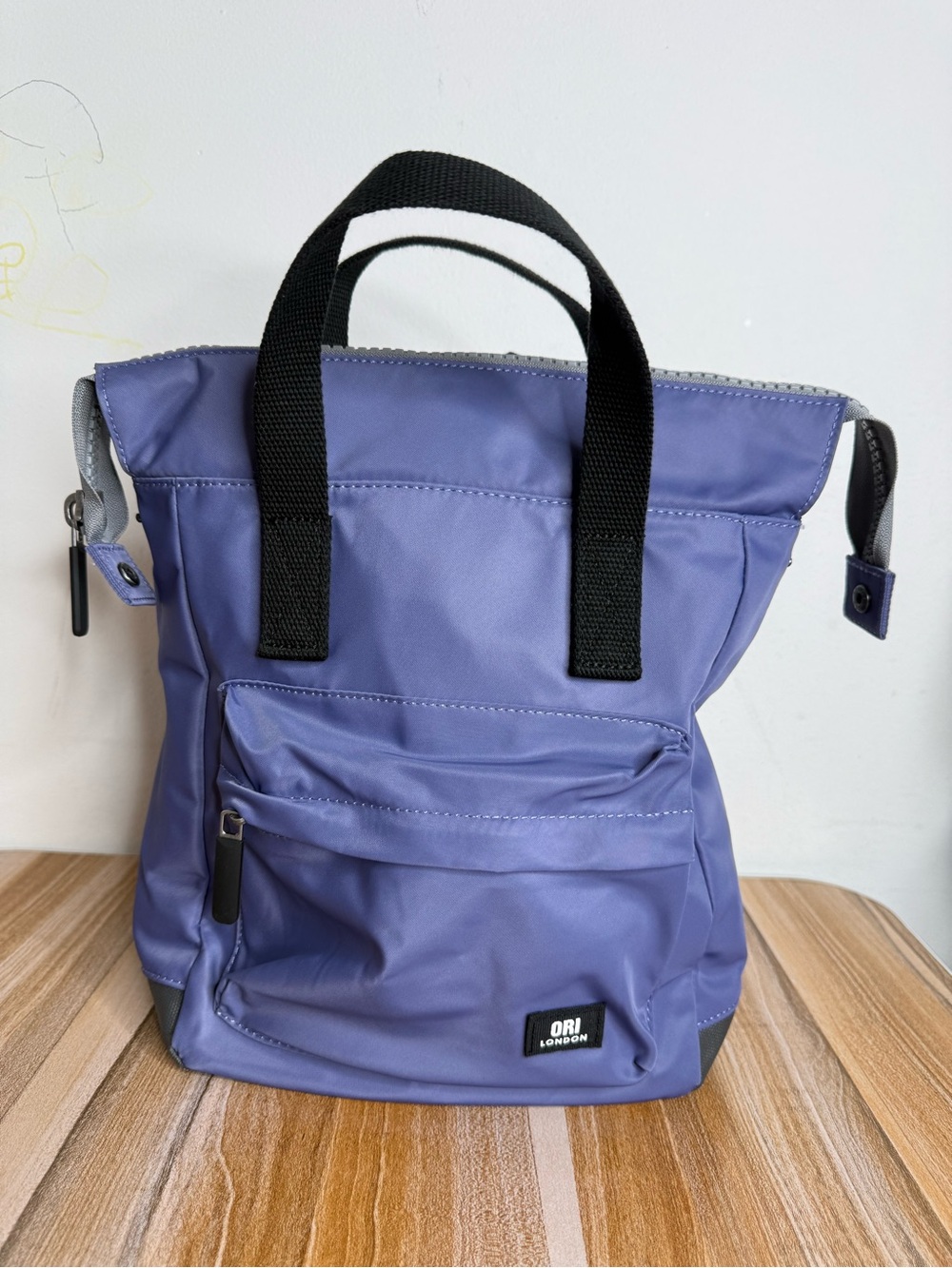 Ori London Bantry B Small Tote Backpack Recycled Nylon Wide Mouth Dusted Peri